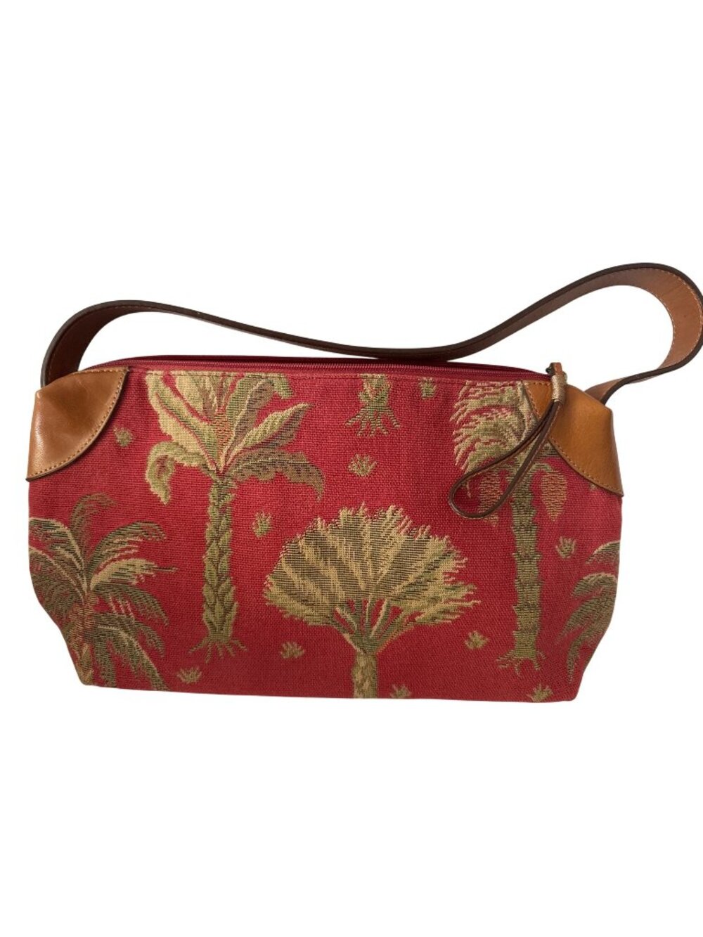 Tommy Bahama Canvas & Leather Palm Tree Print Shoulder Bag Red 13"x7"